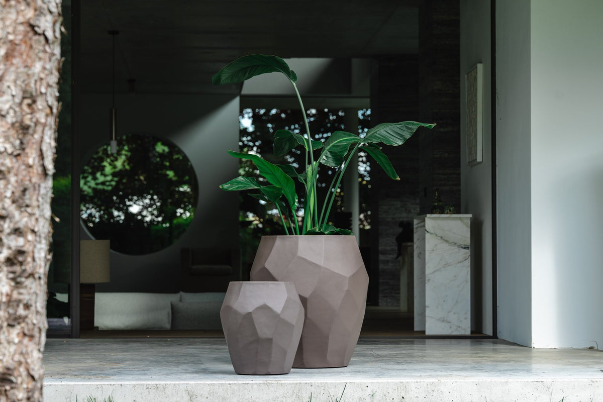 Liscio Facet plantenbak Ash Brown met strelitzia op veranda